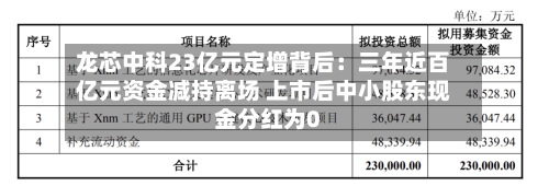 龙芯中科23亿元定增背后:三年近百亿元资金减持离场 上市后中小股东现金分红为0